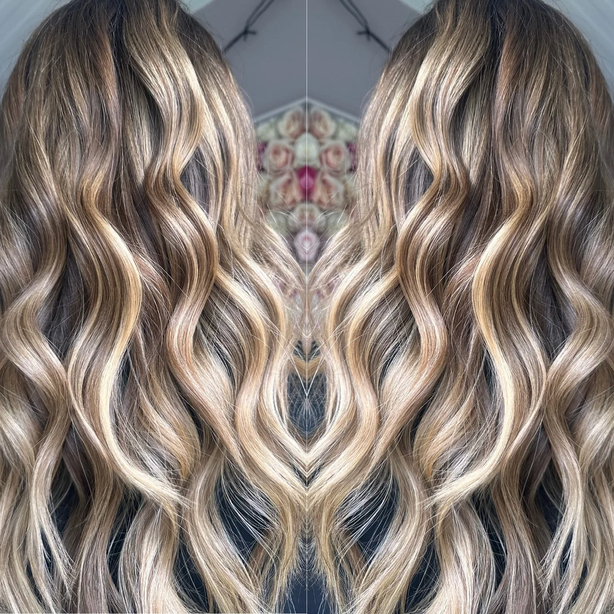 Two close-up views of wavy hair with blonde highlights