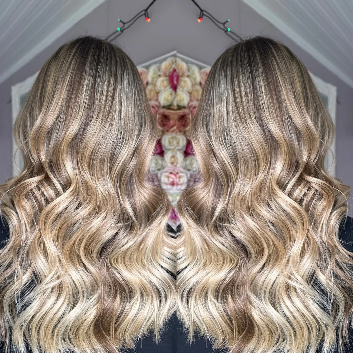 Two views of blonde highlighted hair styled in soft waves